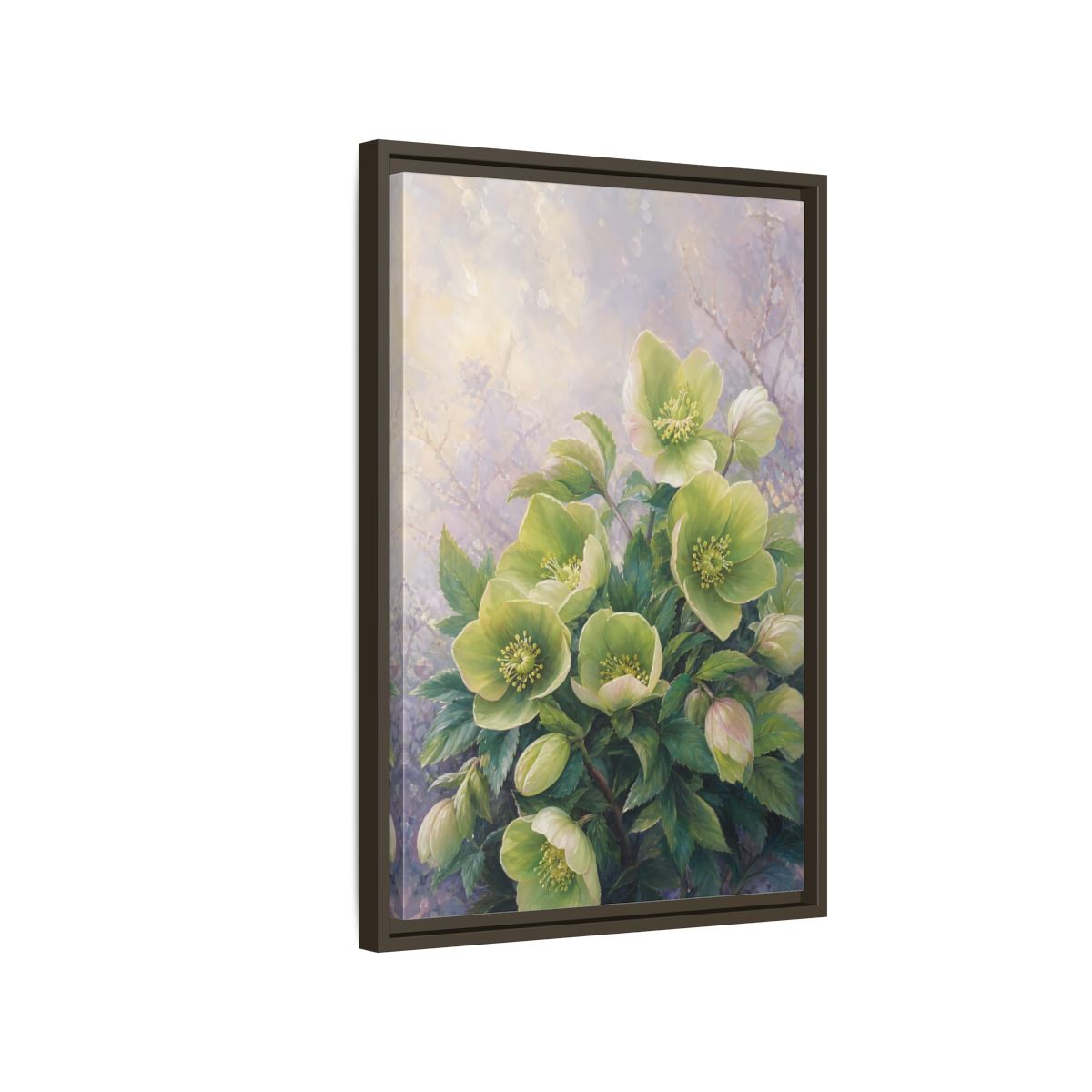 Side Mockup 2. Floral Hellebore Flowers Green Hellebore Flowers shown as stretched canvas wall art