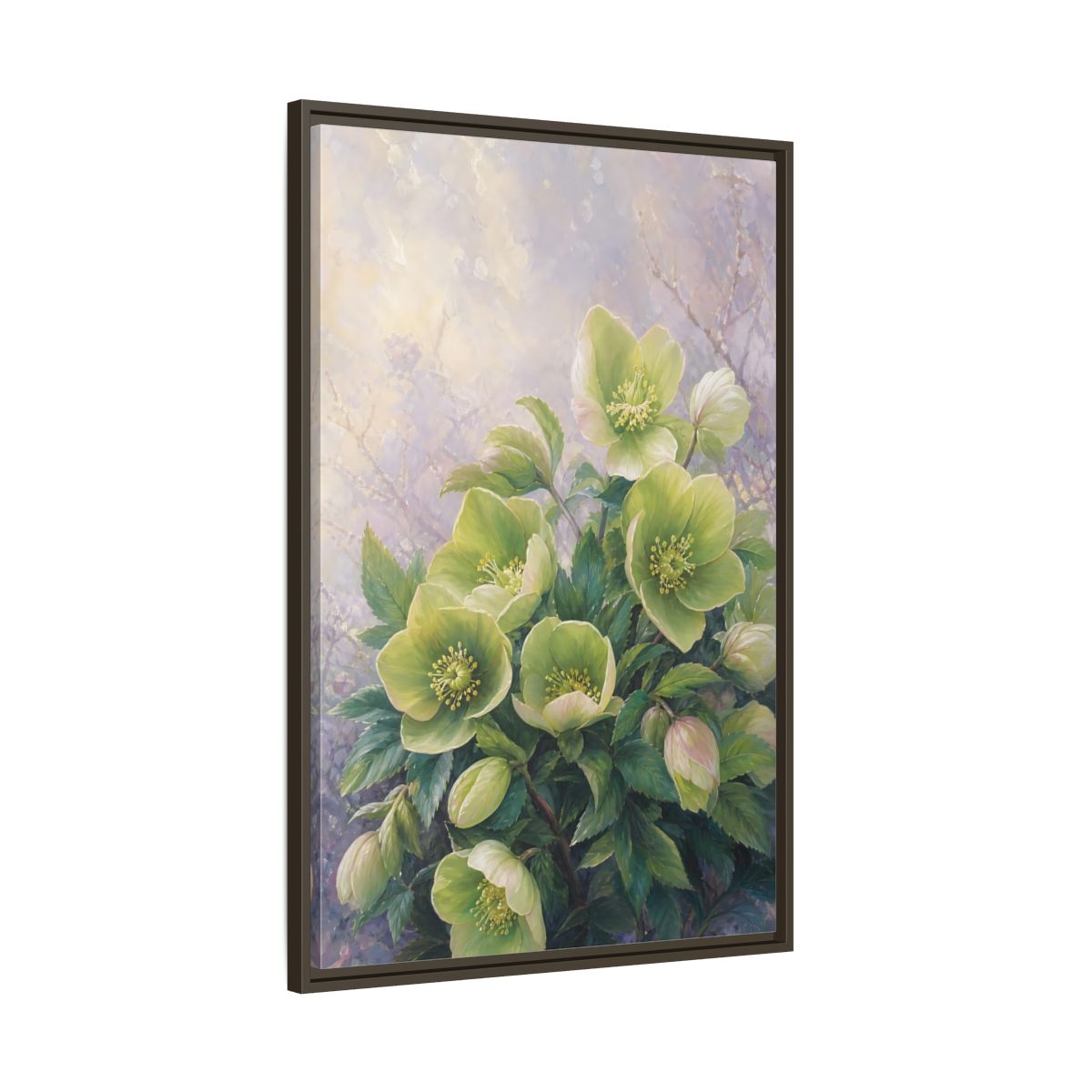 Main Mockup. Floral Hellebore Flowers Green Hellebore Flowers shown as stretched canvas wall art