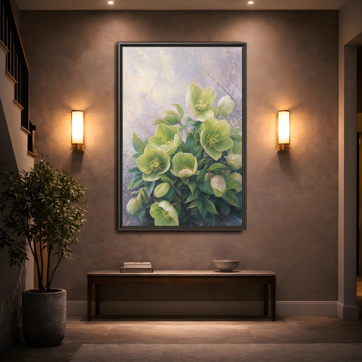 Mockup 2. Floral Hellebore Flowers Green Hellebore Flowers shown as stretched canvas wall art