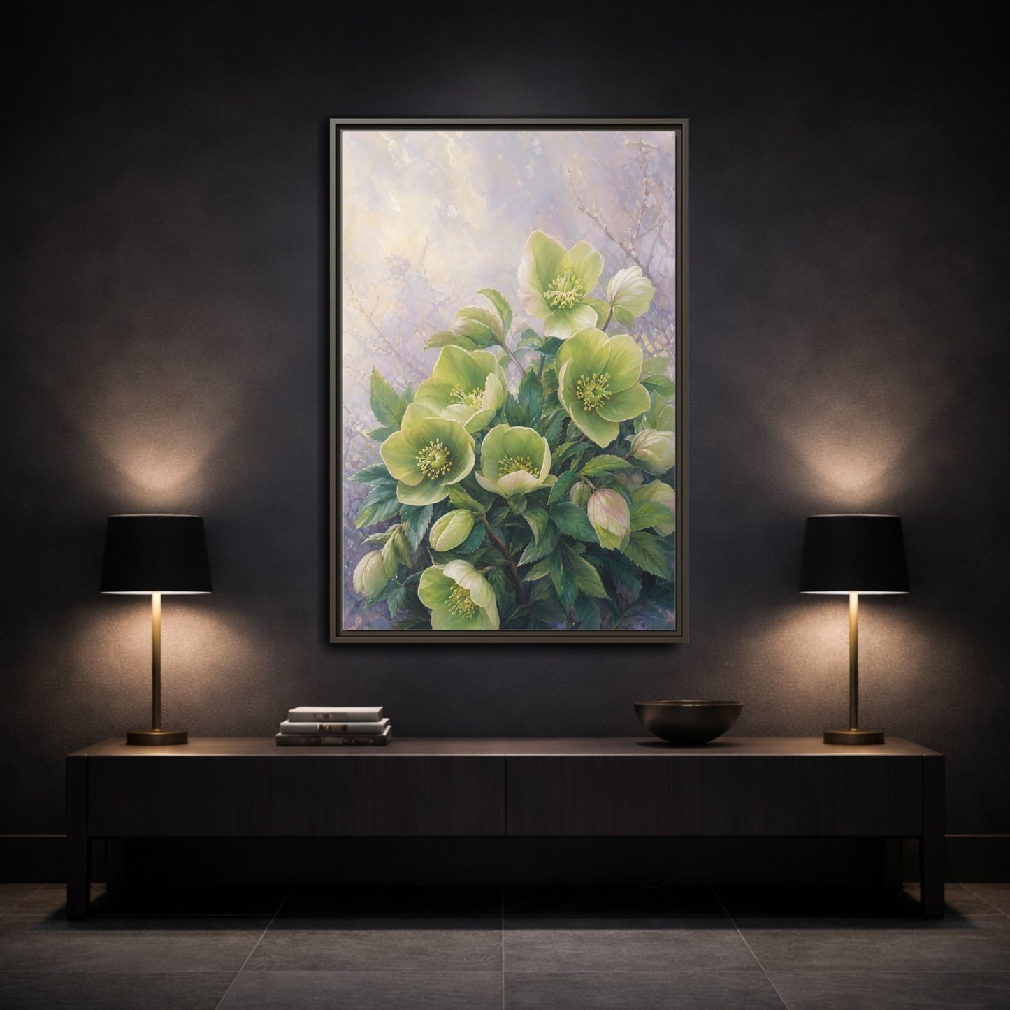 Mockup 3. Floral Hellebore Flowers Green Hellebore Flowers shown as stretched canvas wall art