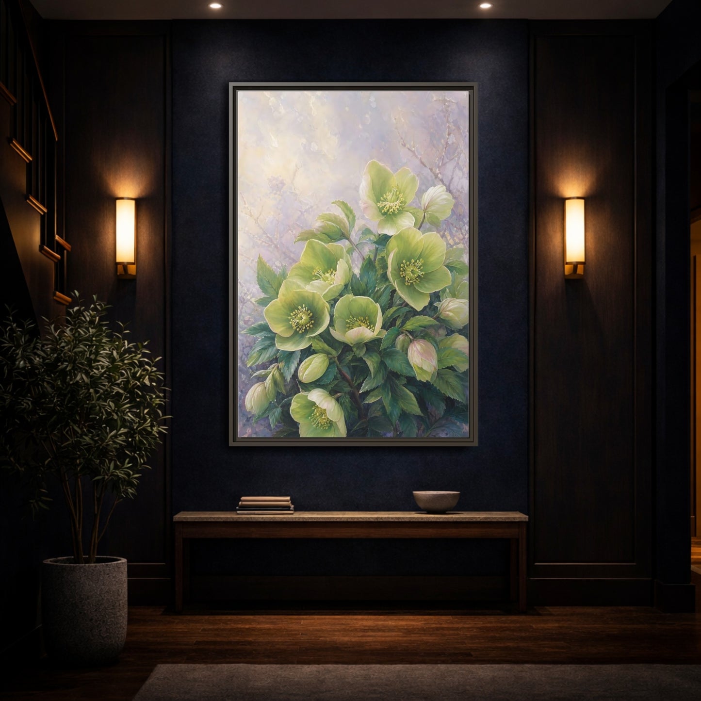 Mockup 4. Floral Hellebore Flowers Green Hellebore Flowers shown as stretched canvas wall art