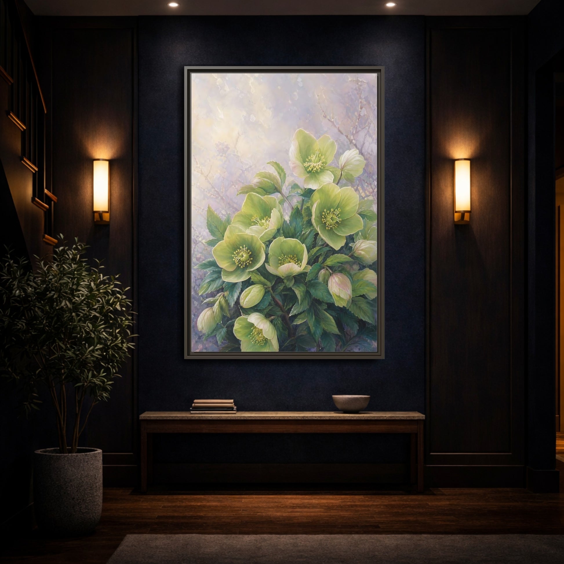 Mockup 4. Floral Hellebore Flowers Green Hellebore Flowers shown as stretched canvas wall art