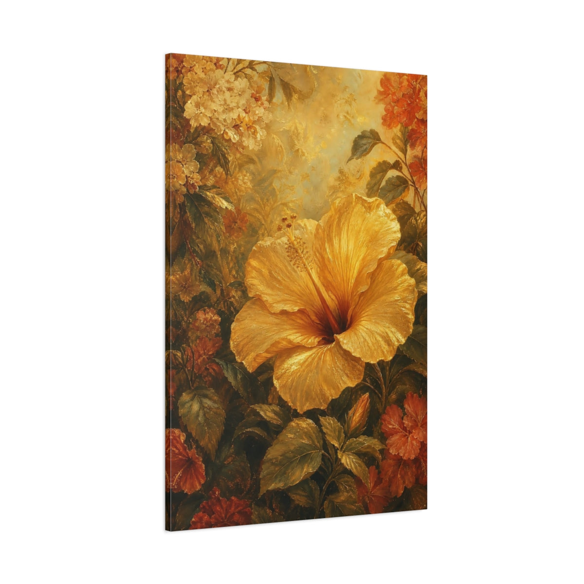 Side Mockup 1. Floral Hibiscus Flower Golden Hibiscus Art shown as stretched canvas wall art