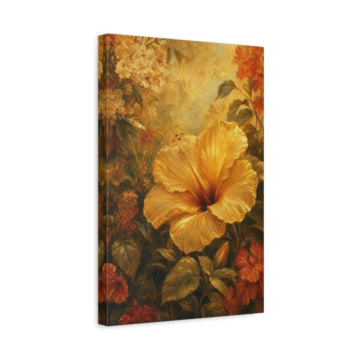 Side Mockup 4. Floral Hibiscus Flower Golden Hibiscus Art shown as stretched canvas wall art