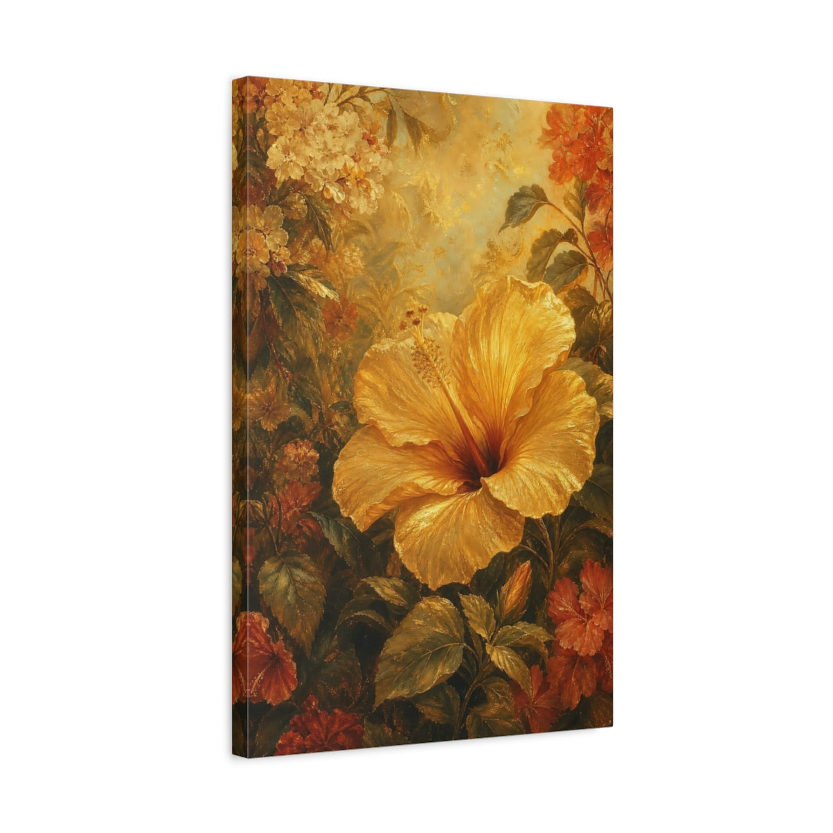 Side Mockup 3. Floral Hibiscus Flower Golden Hibiscus Art shown as stretched canvas wall art