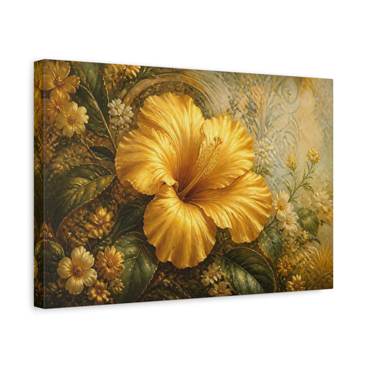 Side Mockup 4. Floral Hibiscus Flower Golden Hibiscus shown as stretched canvas wall art