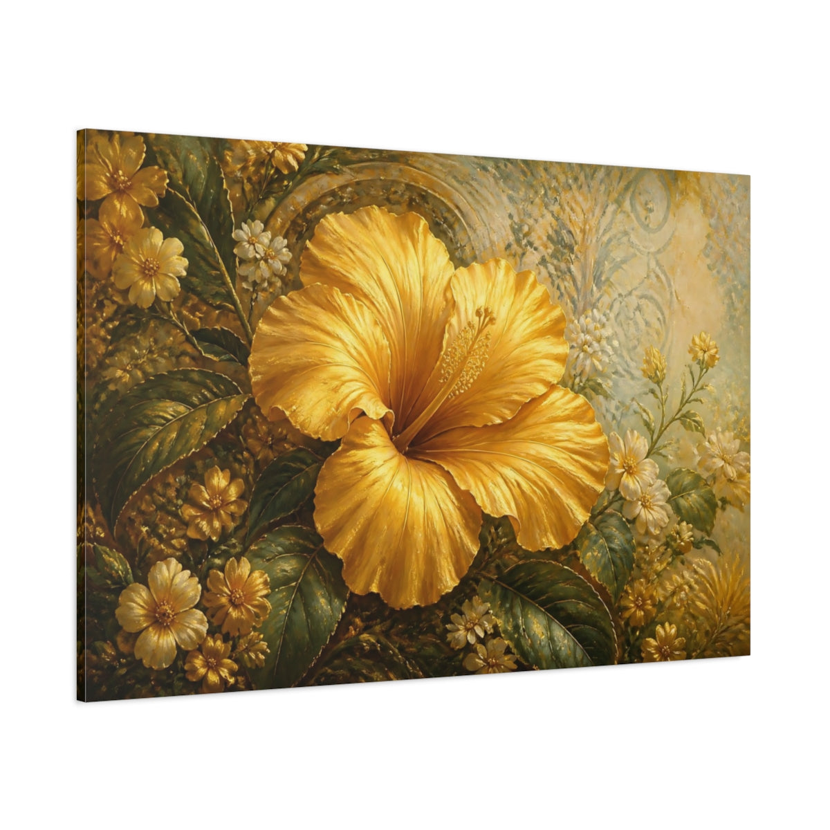 Side Mockup 1. Floral Hibiscus Flower Golden Hibiscus shown as stretched canvas wall art