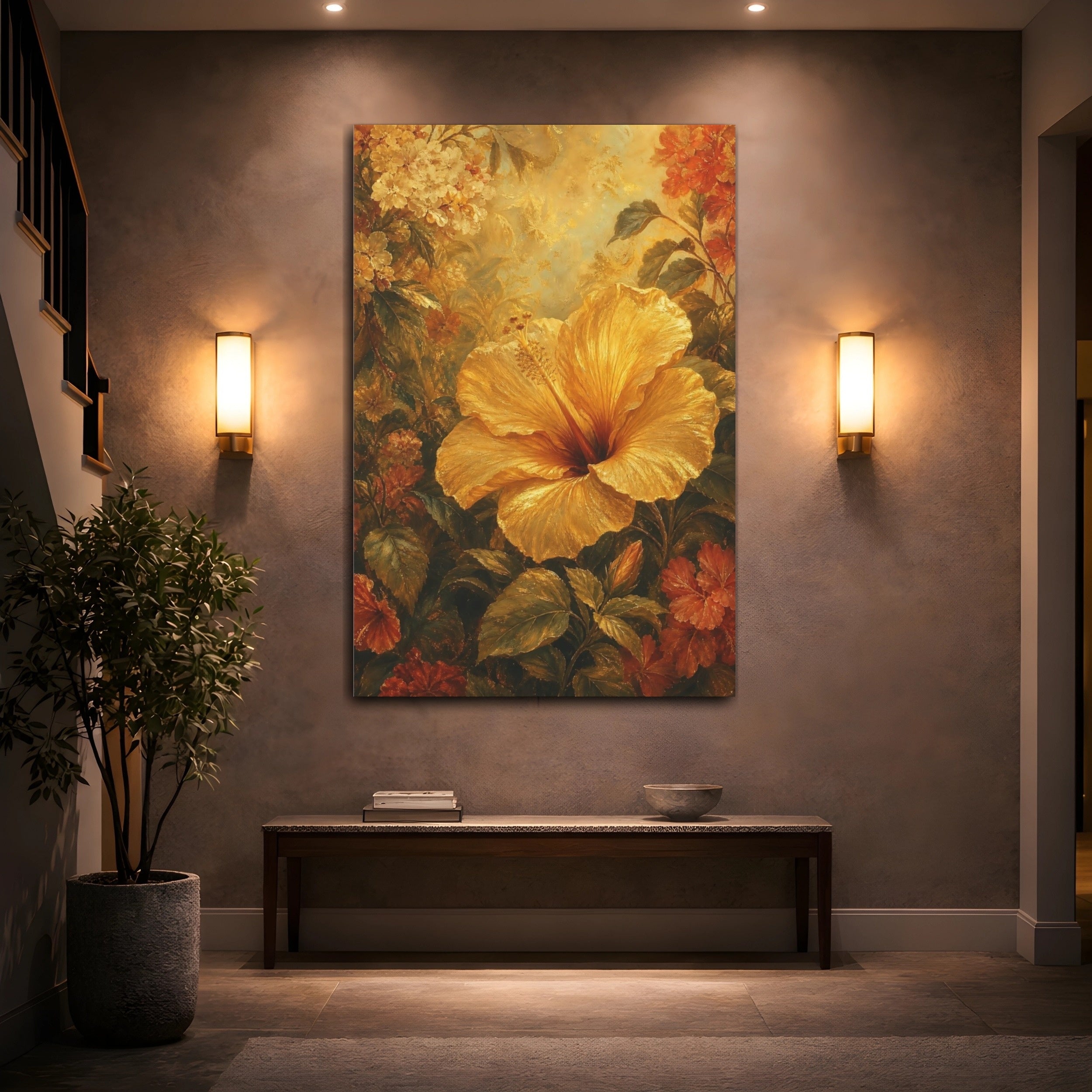 Mockup 2. Floral Hibiscus Flower Golden Hibiscus Art shown as stretched canvas wall art