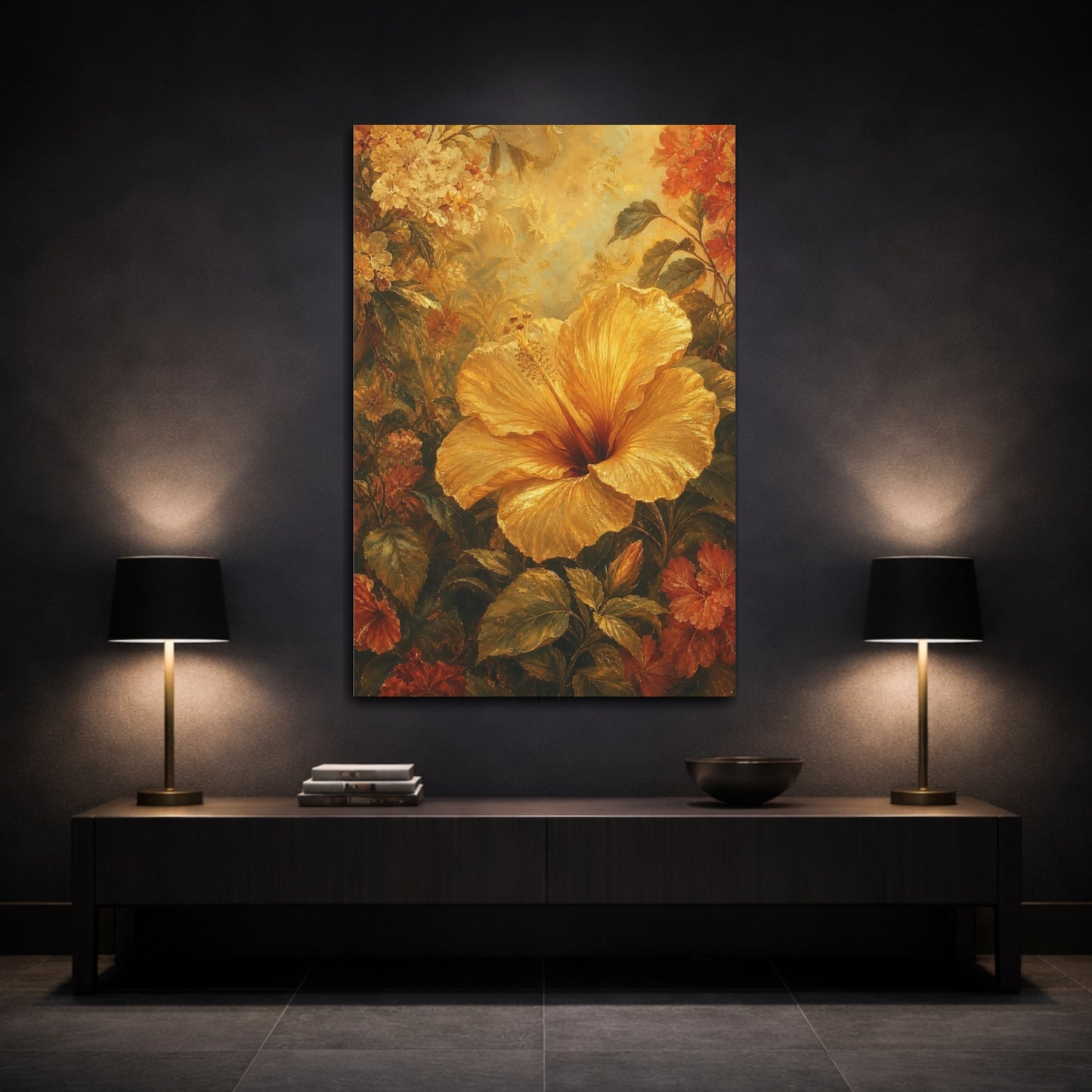 Mockup 3. Floral Hibiscus Flower Golden Hibiscus Art shown as stretched canvas wall art