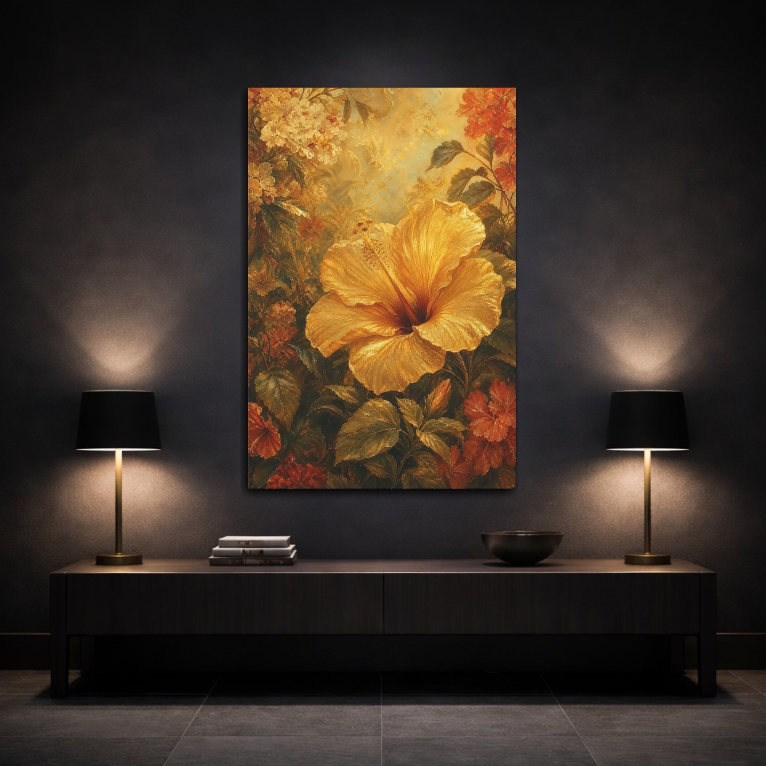 Mockup 3. Floral Hibiscus Flower Golden Hibiscus Art shown as stretched canvas wall art