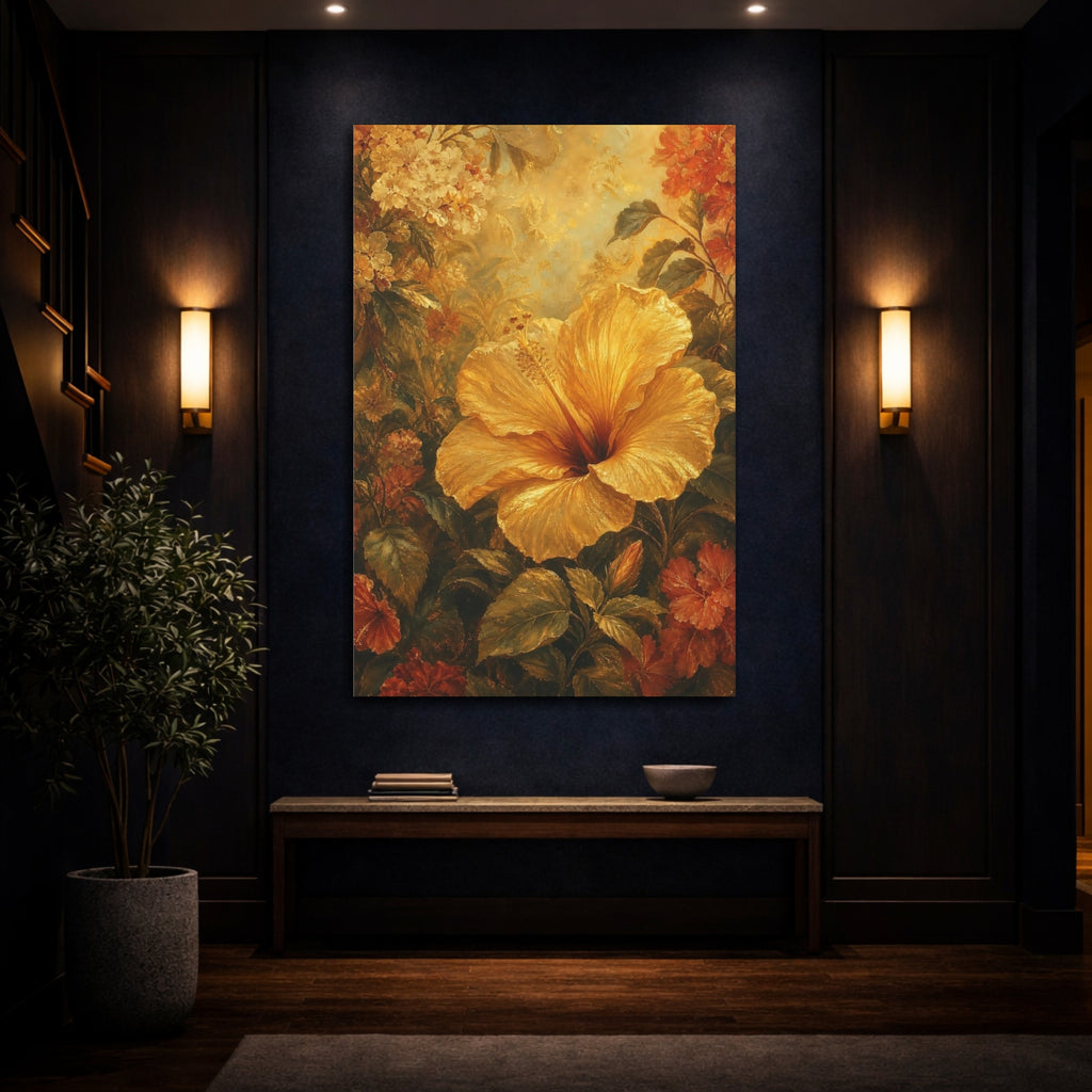 Mockup 4. Floral Hibiscus Flower Golden Hibiscus Art shown as stretched canvas wall art