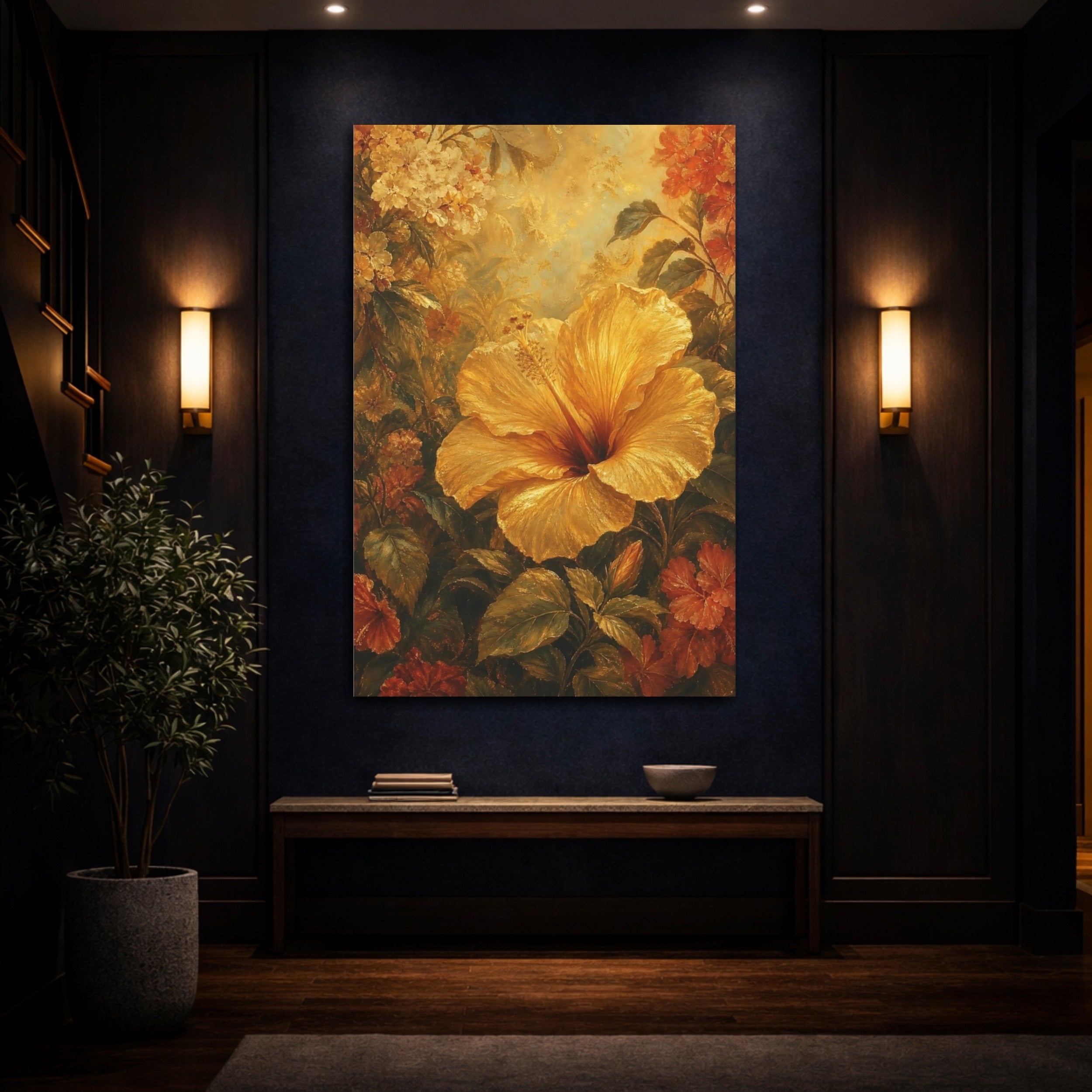 Mockup 4. Floral Hibiscus Flower Golden Hibiscus Art shown as stretched canvas wall art