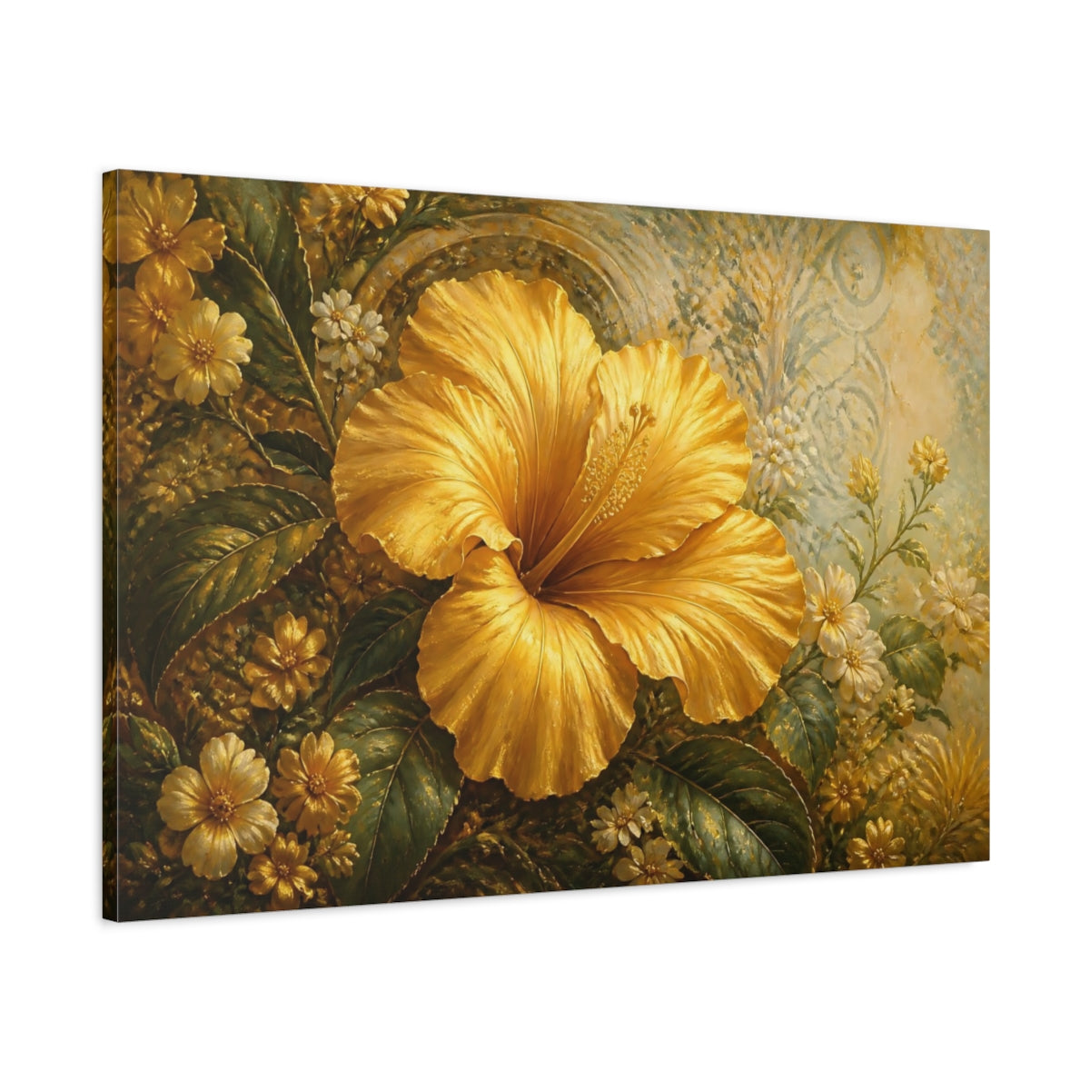 Main Mockup. Floral Hibiscus Flower Golden Hibiscus shown as stretched canvas wall art