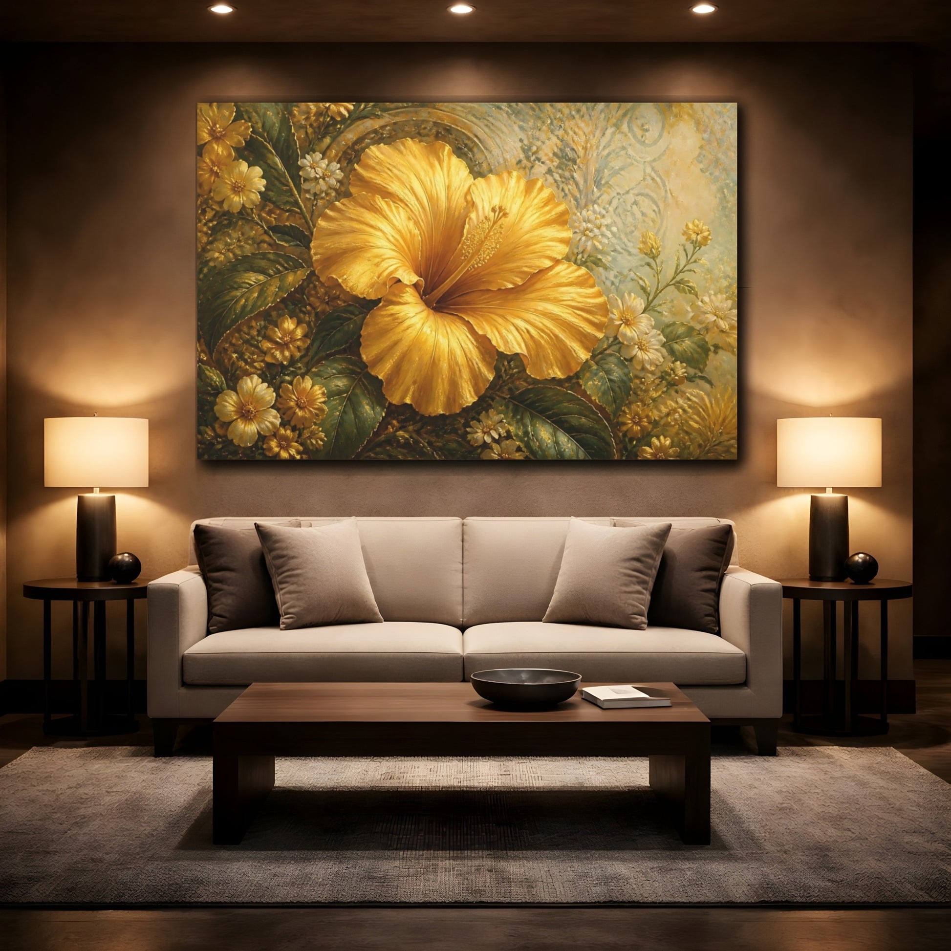 Mockup 2. Floral Hibiscus Flower Golden Hibiscus shown as stretched canvas wall art