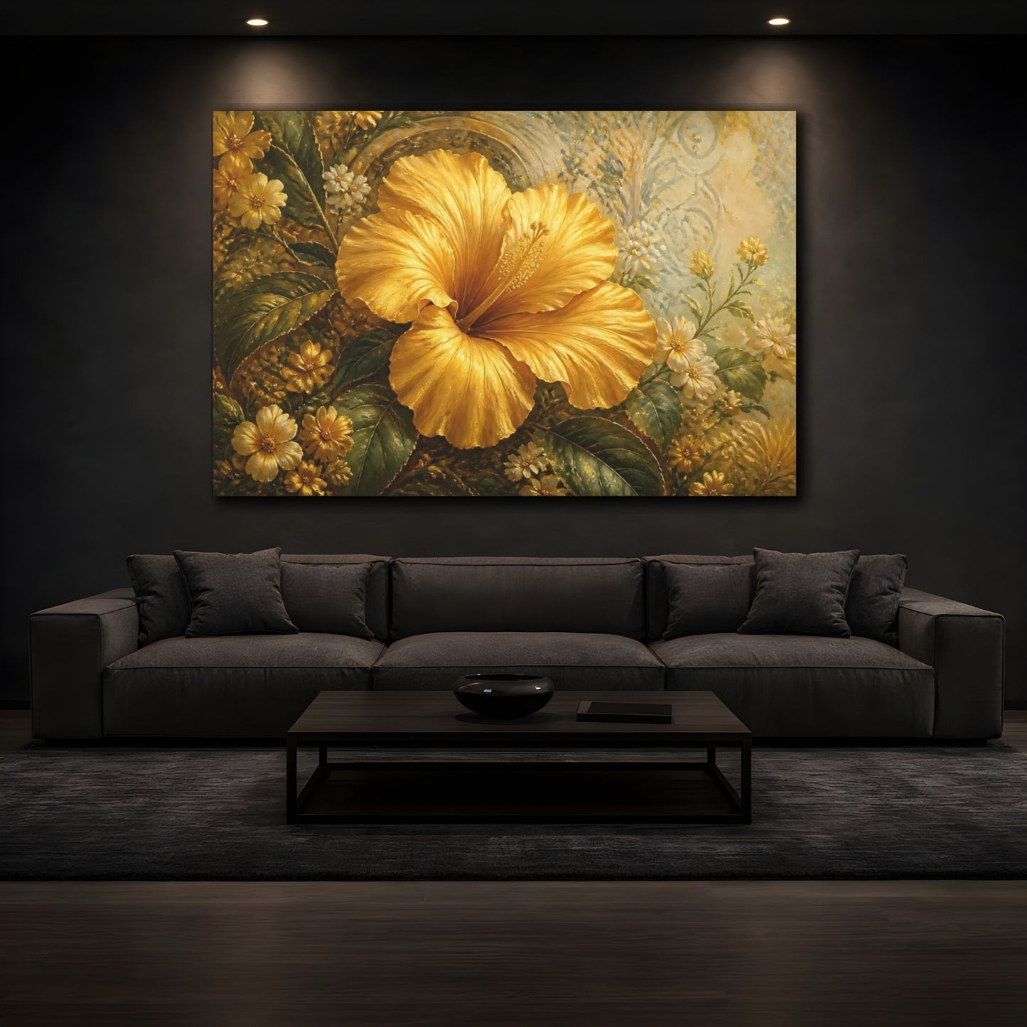Mockup 3. Floral Hibiscus Flower Golden Hibiscus shown as stretched canvas wall art