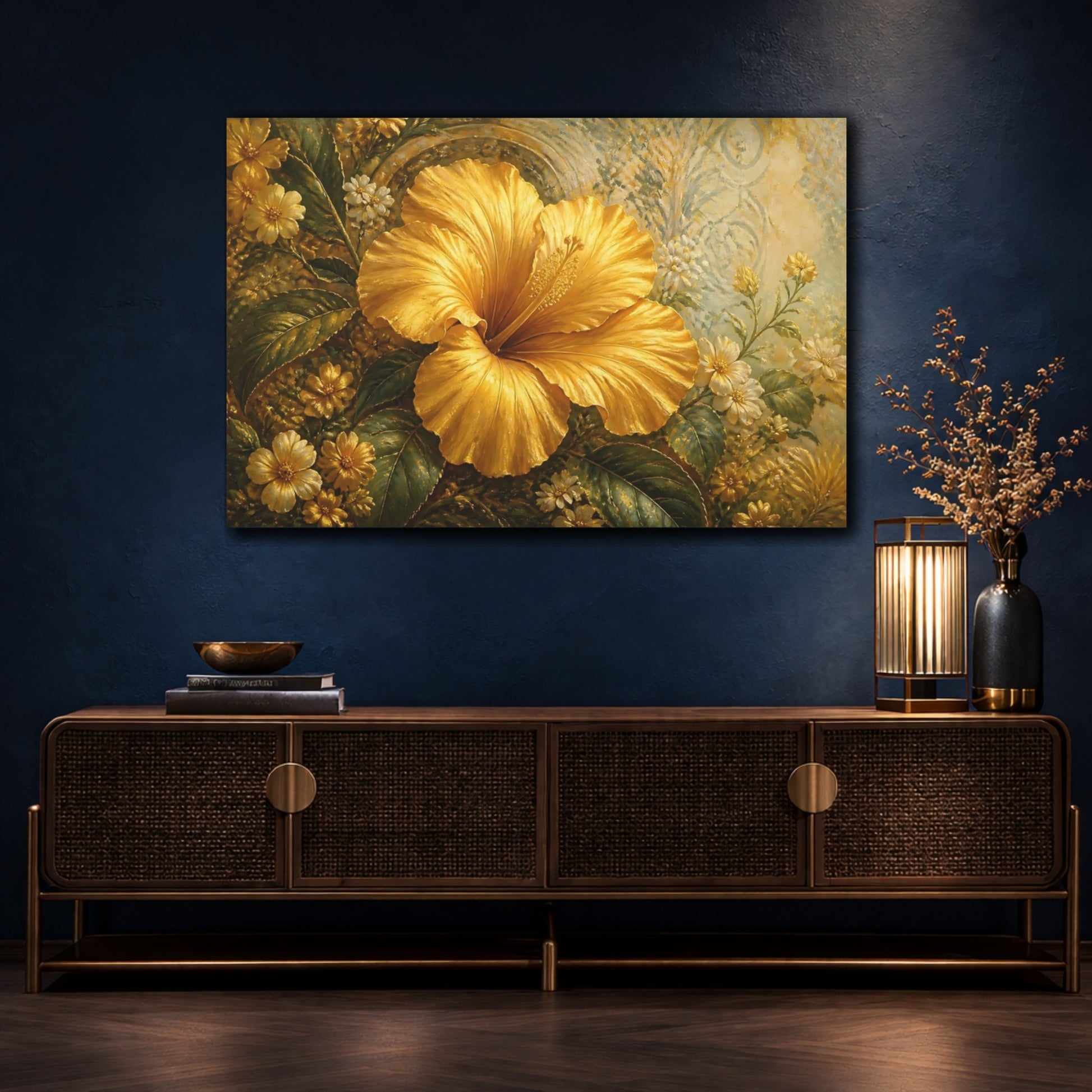 Mockup 4. Floral Hibiscus Flower Golden Hibiscus shown as stretched canvas wall art