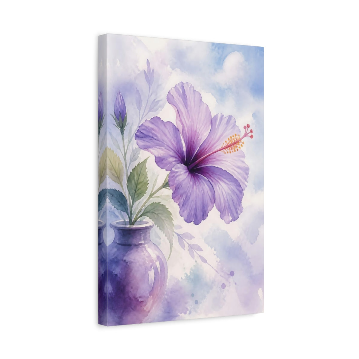 Side Mockup 4. Floral Hibiscus Flower Purple Hibiscus shown as stretched canvas wall art