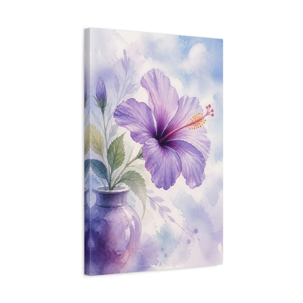 Side Mockup 3. Floral Hibiscus Flower Purple Hibiscus shown as stretched canvas wall art