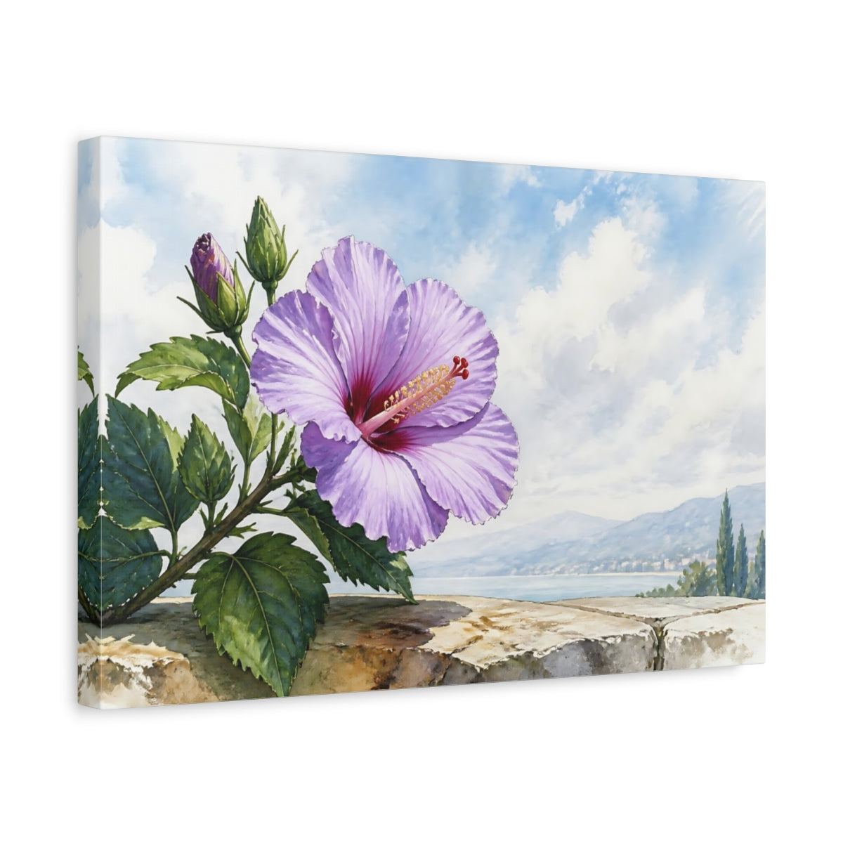 Side Mockup 4. Floral Hibiscus Flower Purple Hibiscus shown as stretched canvas wall art