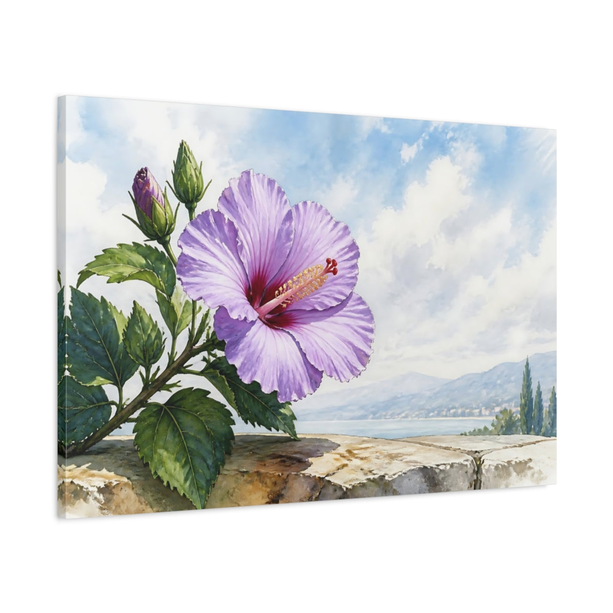 Main Mockup. Floral Hibiscus Flower Purple Hibiscus shown as stretched canvas wall art