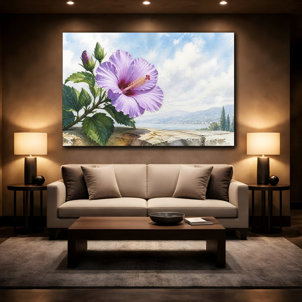 Mockup 2. Floral Hibiscus Flower Purple Hibiscus shown as stretched canvas wall art