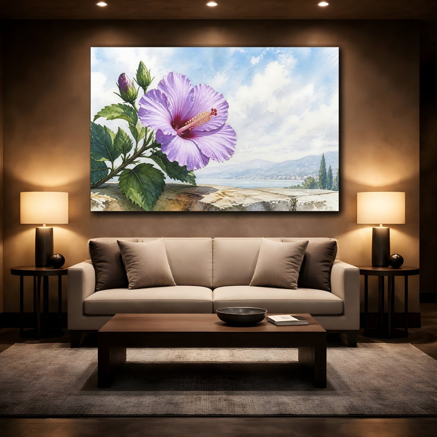 Mockup 2. Floral Hibiscus Flower Purple Hibiscus shown as stretched canvas wall art