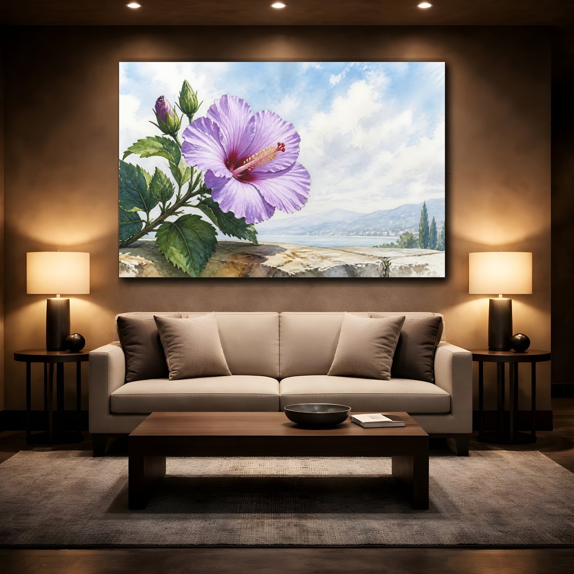 Mockup 2. Floral Hibiscus Flower Purple Hibiscus shown as stretched canvas wall art