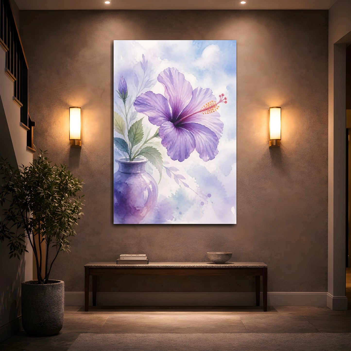 Mockup 2. Floral Hibiscus Flower Purple Hibiscus shown as stretched canvas wall art
