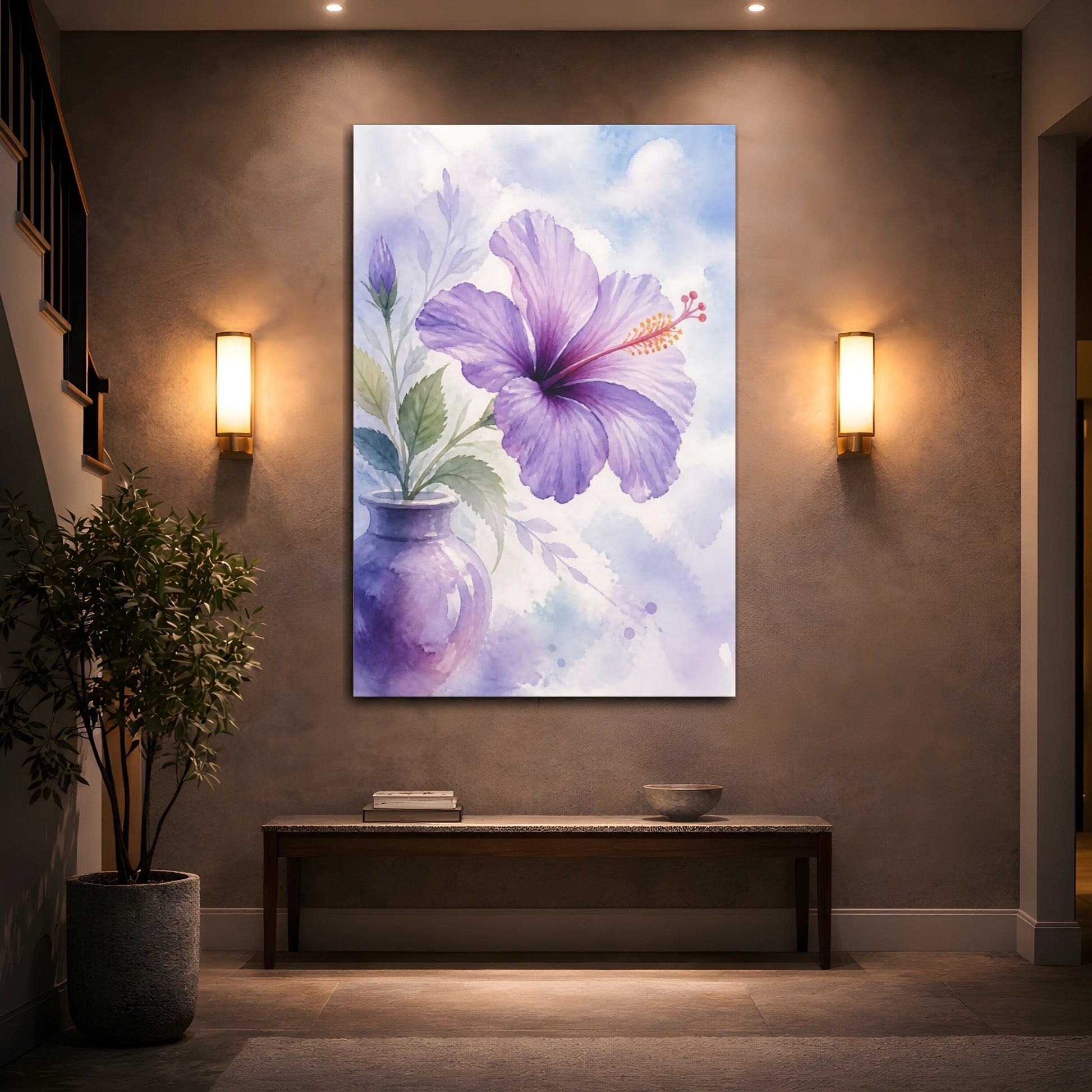 Mockup 2. Floral Hibiscus Flower Purple Hibiscus shown as stretched canvas wall art