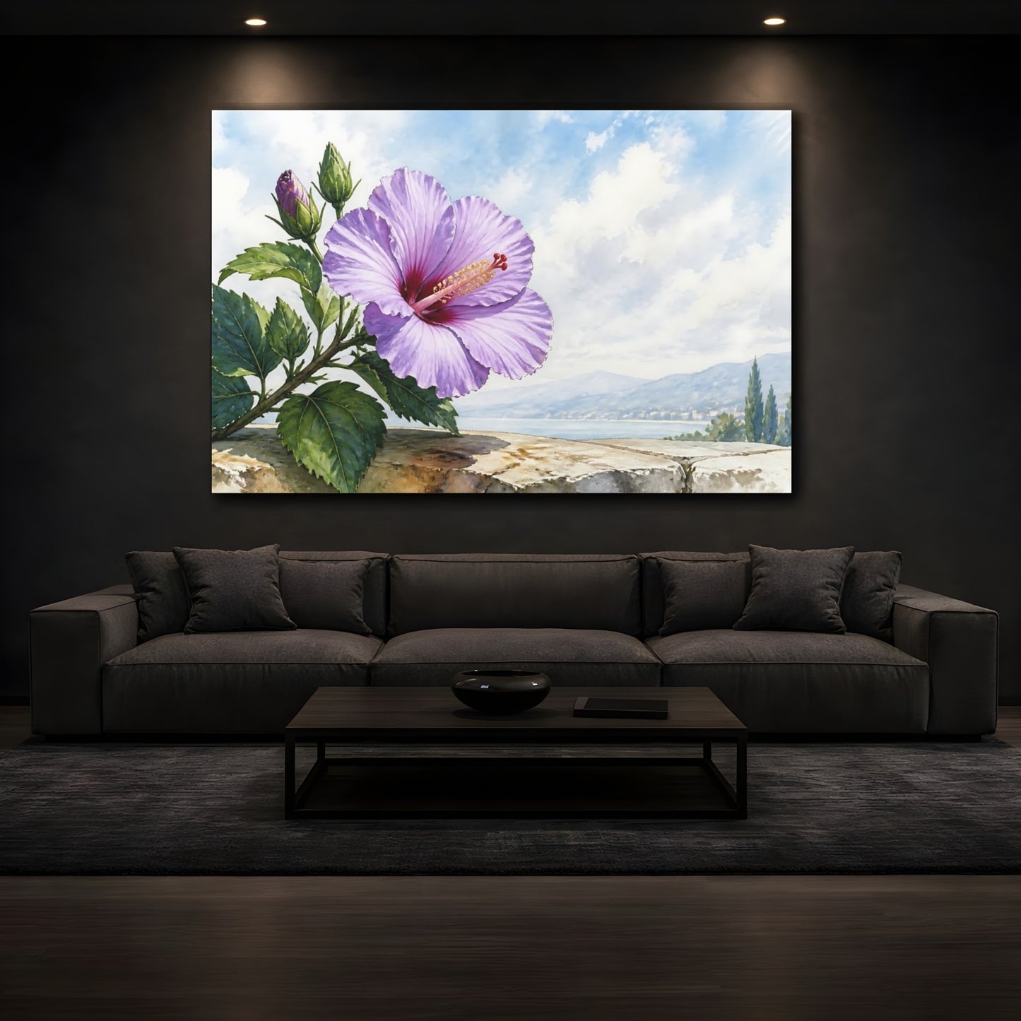 Mockup 3. Floral Hibiscus Flower Purple Hibiscus shown as stretched canvas wall art