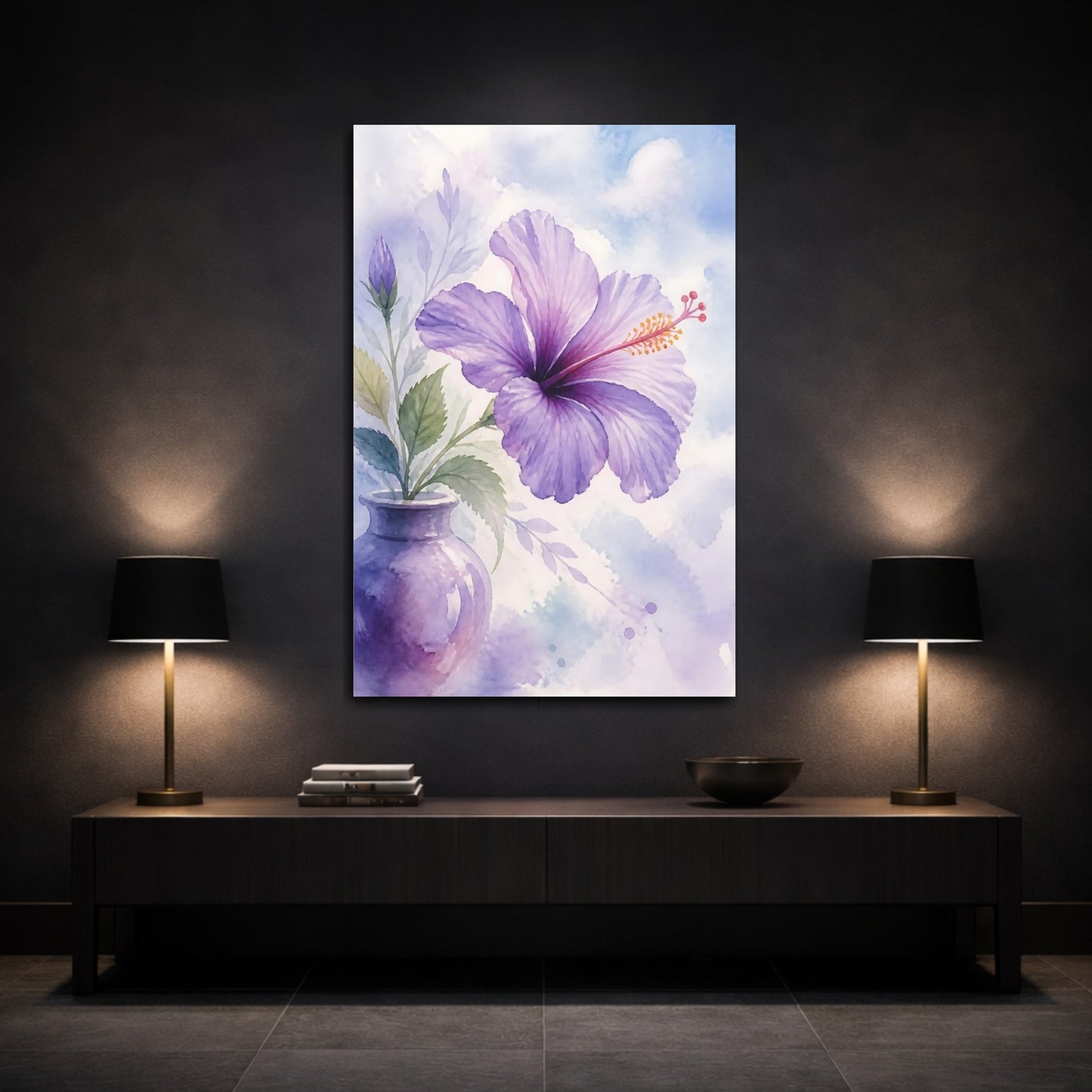 Mockup 3. Floral Hibiscus Flower Purple Hibiscus shown as stretched canvas wall art