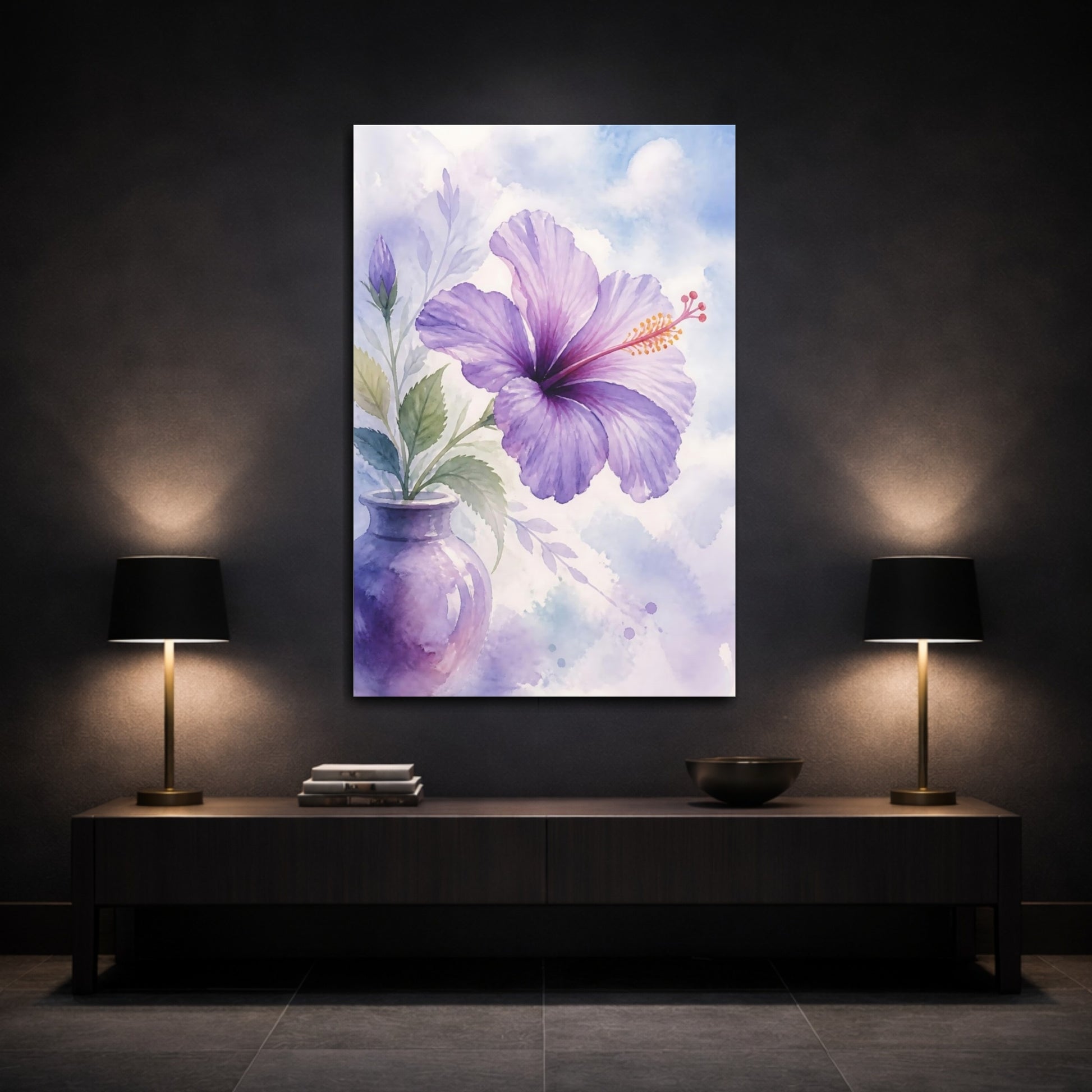 Mockup 3. Floral Hibiscus Flower Purple Hibiscus shown as stretched canvas wall art