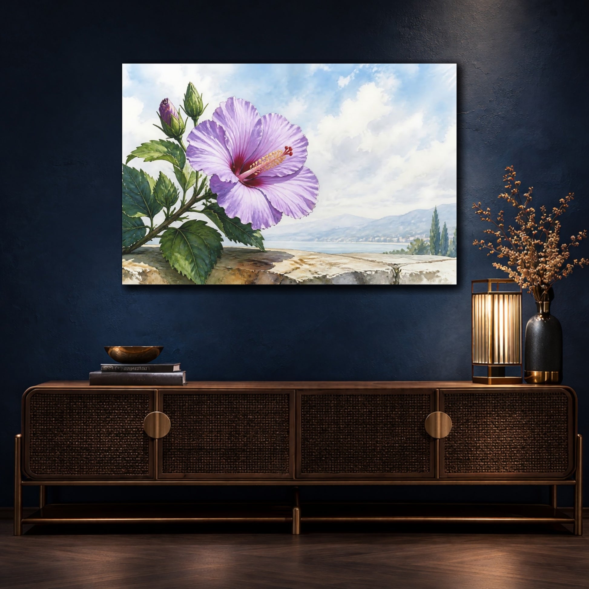 Mockup 4. Floral Hibiscus Flower Purple Hibiscus shown as stretched canvas wall art
