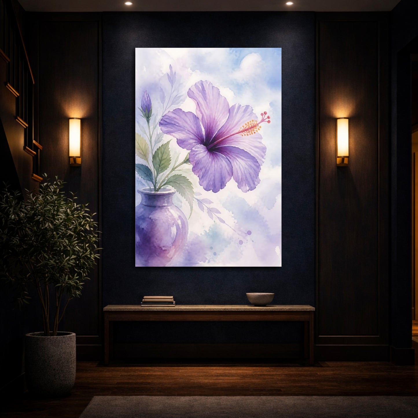 Mockup 4. Floral Hibiscus Flower Purple Hibiscus shown as stretched canvas wall art