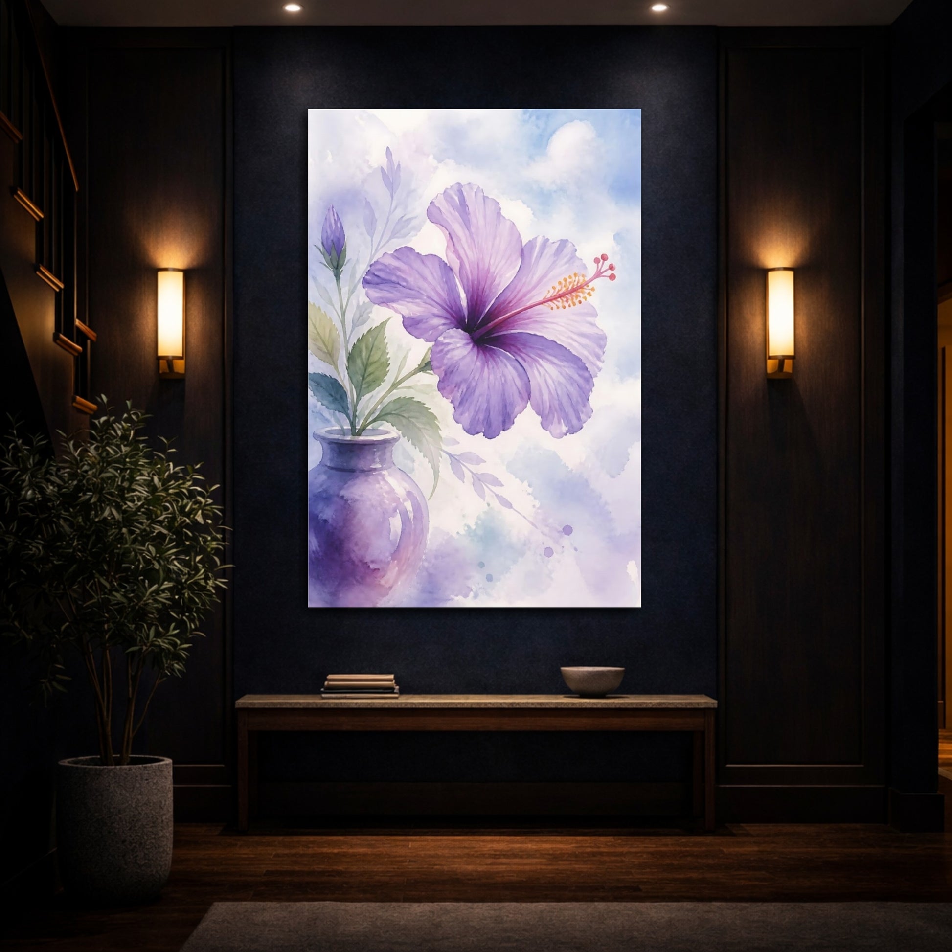 Mockup 4. Floral Hibiscus Flower Purple Hibiscus shown as stretched canvas wall art