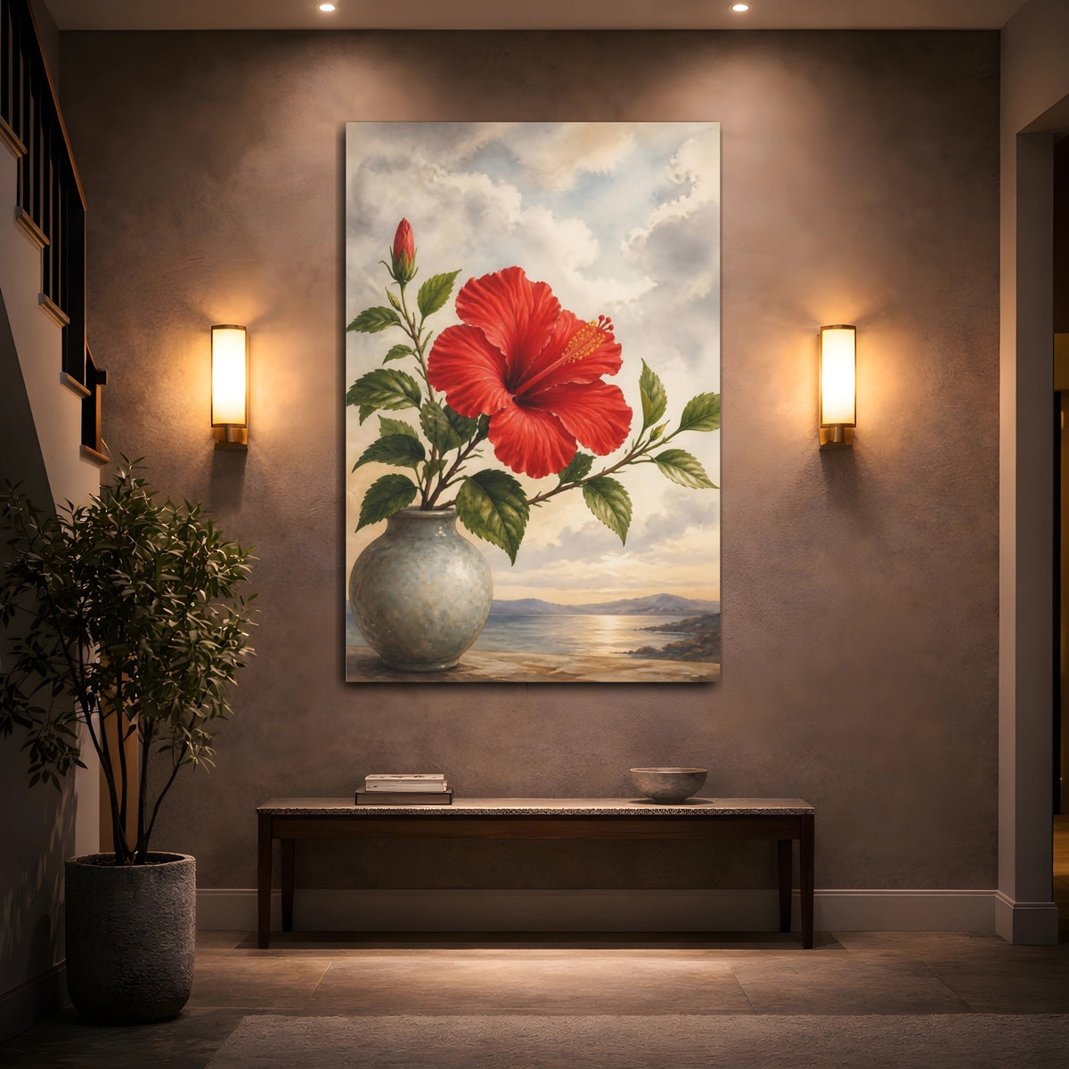 Mockup 2. Floral Hibiscus Flower Red Hibiscus Floral shown as stretched canvas wall art