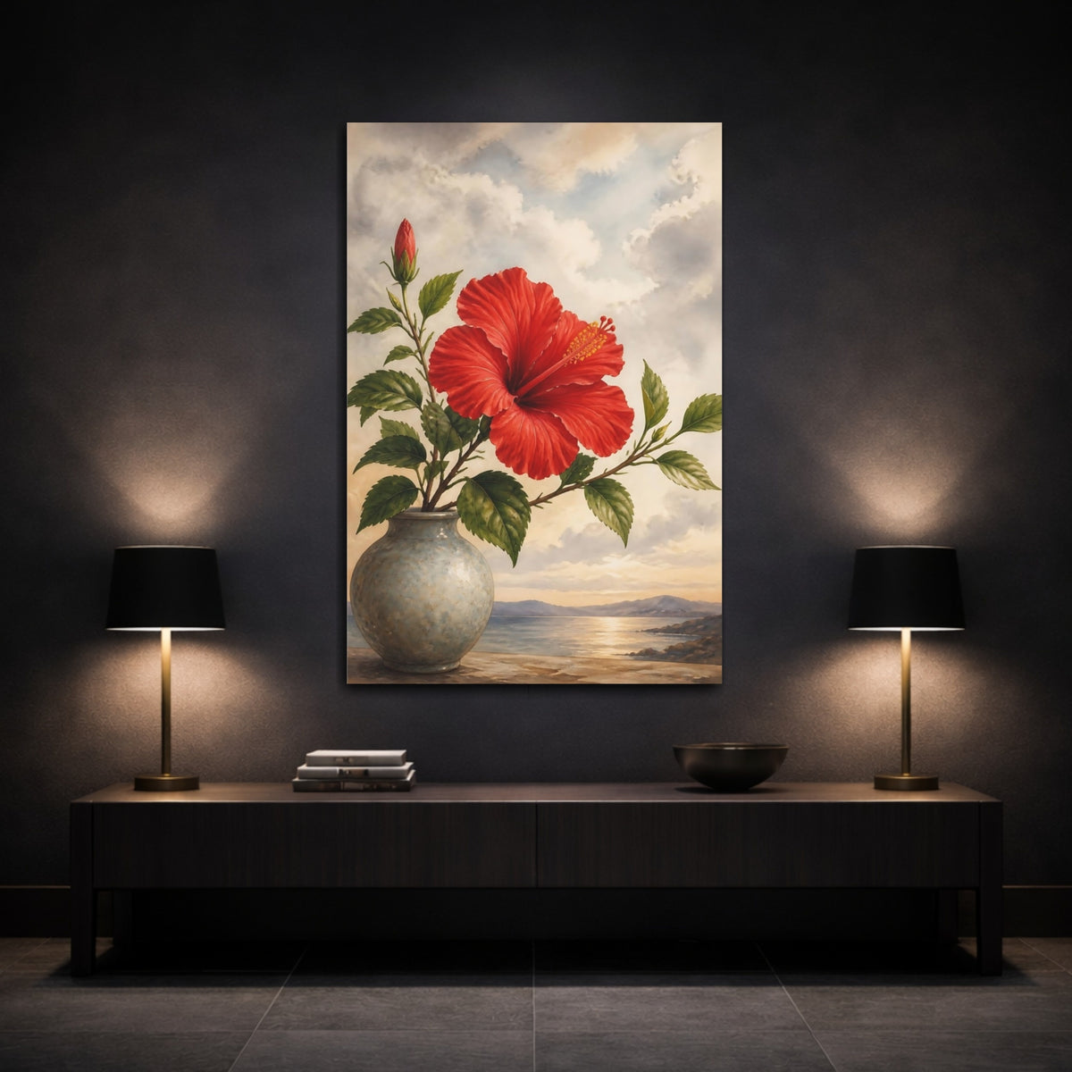 Mockup 3. Floral Hibiscus Flower Red Hibiscus Floral shown as stretched canvas wall art