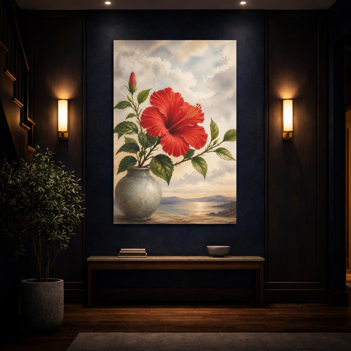 Mockup 4. Floral Hibiscus Flower Red Hibiscus Floral shown as stretched canvas wall art