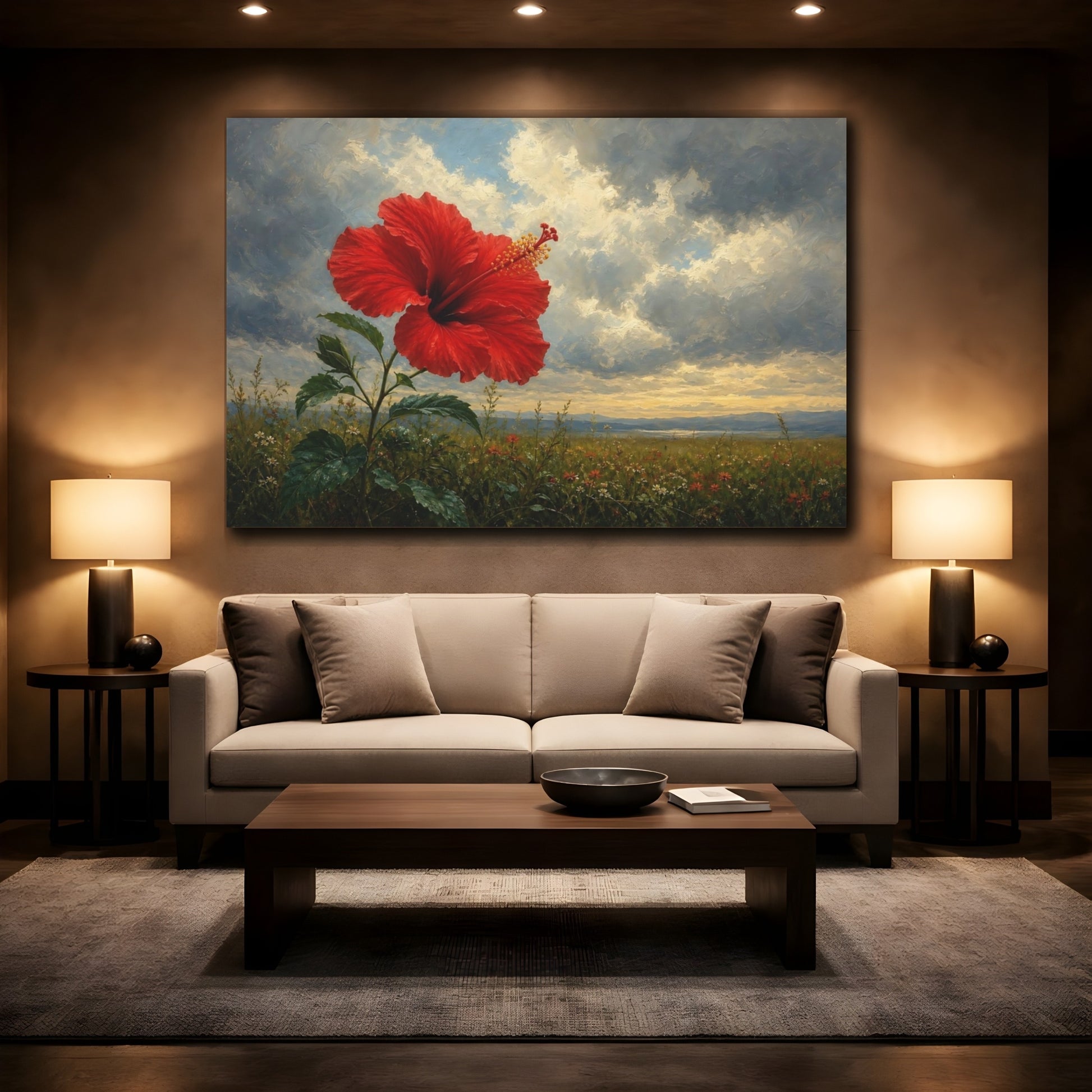 Mockup 2. Floral Hibiscus Flower Red Hibiscus shown as stretched canvas wall art