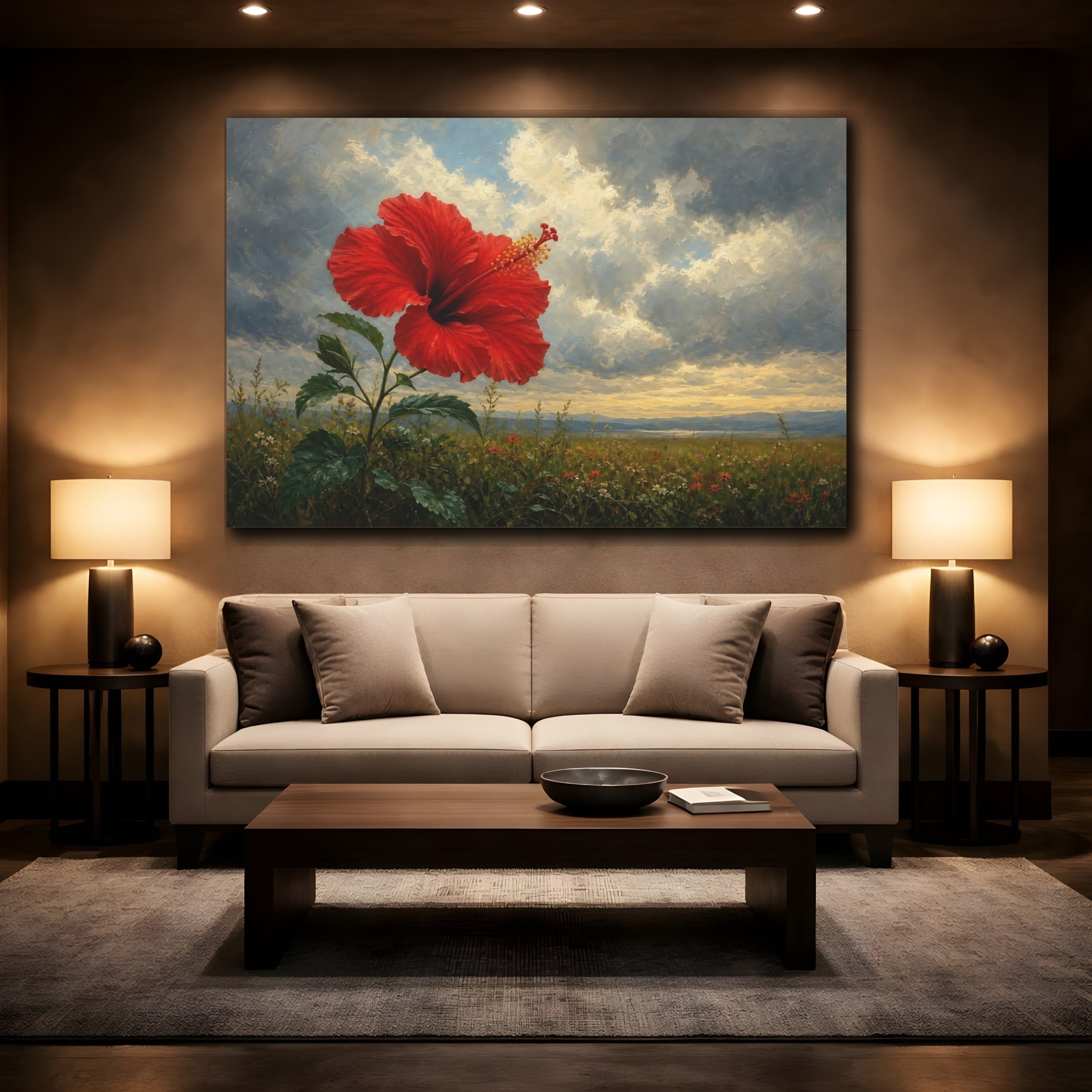 Mockup 2. Floral Hibiscus Flower Red Hibiscus shown as stretched canvas wall art