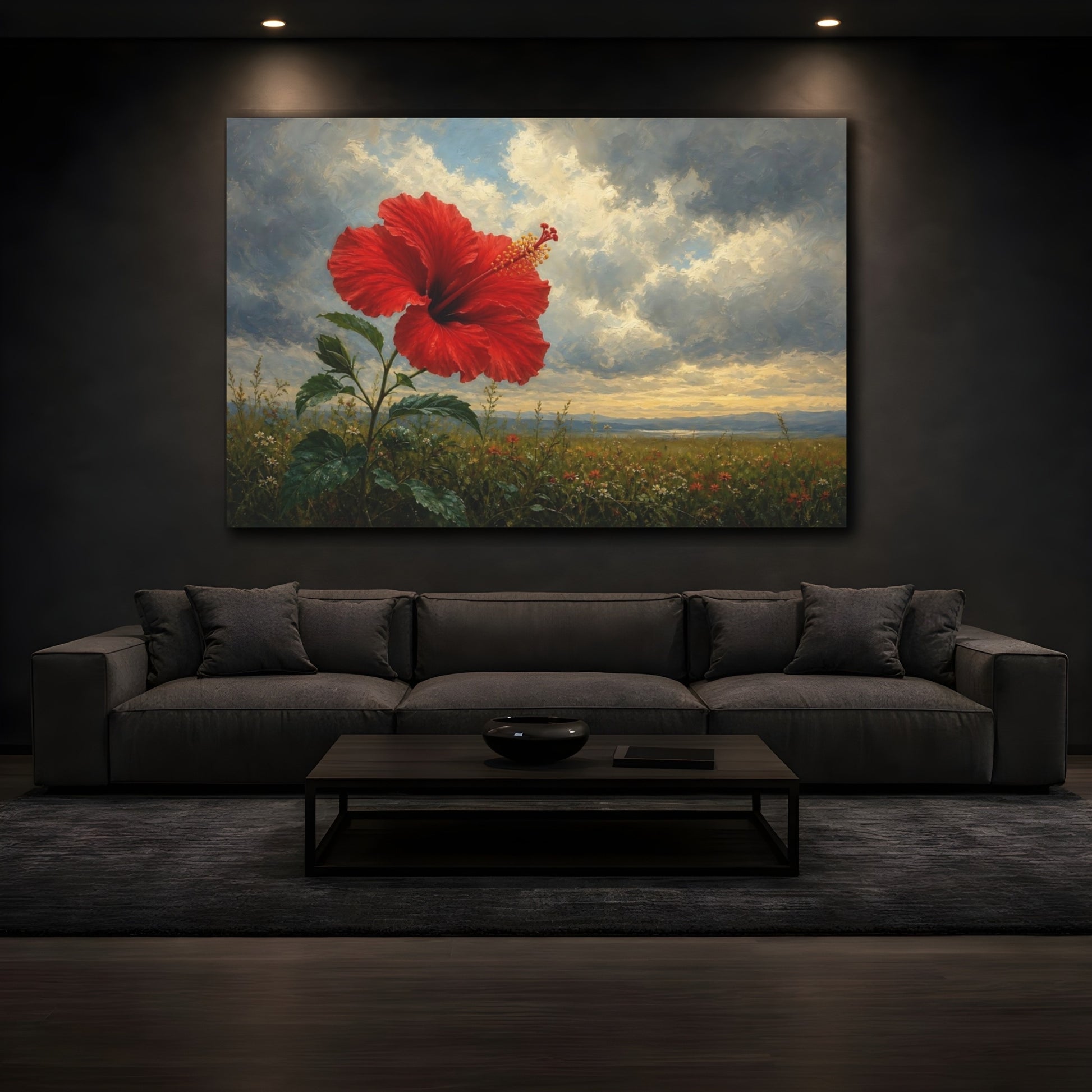 Mockup 3. Floral Hibiscus Flower Red Hibiscus shown as stretched canvas wall art