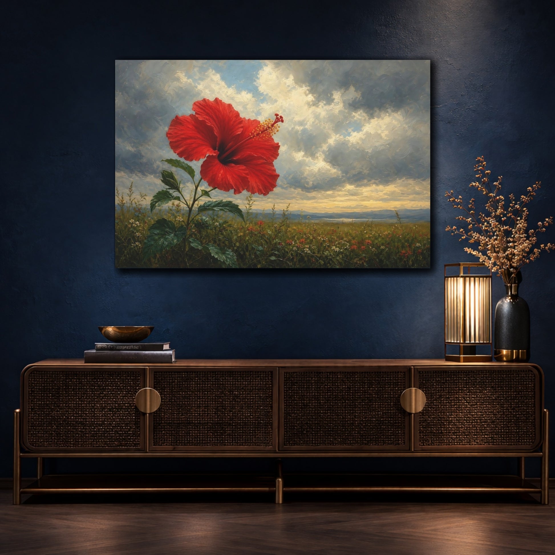 Mockup 4. Floral Hibiscus Flower Red Hibiscus shown as stretched canvas wall art