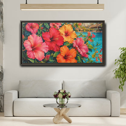 Mockup 2. Floral Hibiscus Flowers Colorful Hibiscus shown as stretched canvas wall art