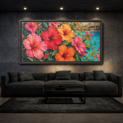 Mockup 3. Floral Hibiscus Flowers Colorful Hibiscus shown as stretched canvas wall art