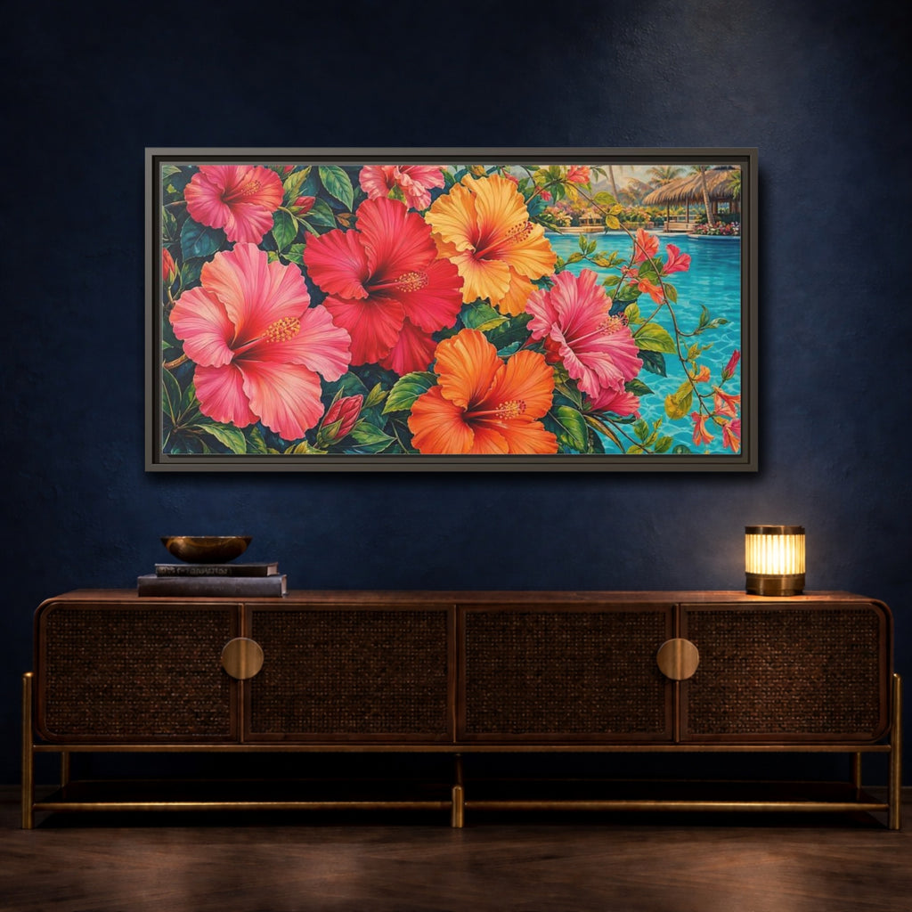 Mockup 4. Floral Hibiscus Flowers Colorful Hibiscus shown as stretched canvas wall art