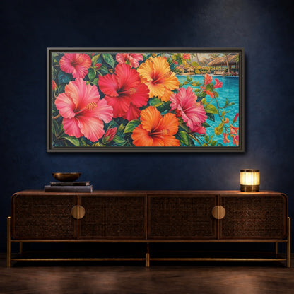 Mockup 4. Floral Hibiscus Flowers Colorful Hibiscus shown as stretched canvas wall art