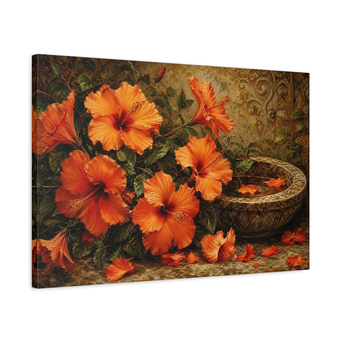Side Mockup 2. Floral Hibiscus Flowers Orange Floral Art shown as stretched canvas wall art