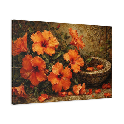 Side Mockup 2. Floral Hibiscus Flowers Orange Floral Art shown as stretched canvas wall art