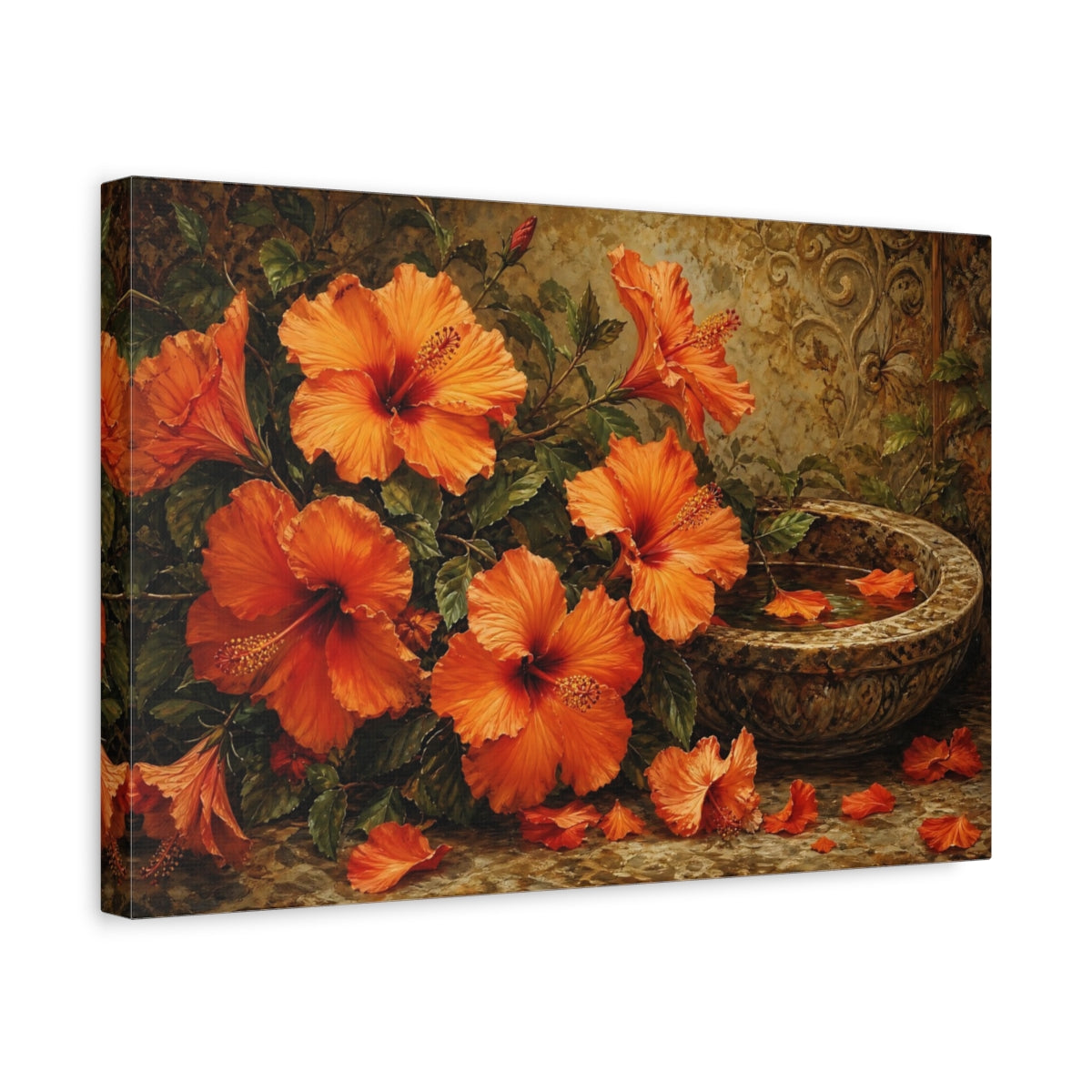 Side Mockup 4. Floral Hibiscus Flowers Orange Floral Art shown as stretched canvas wall art