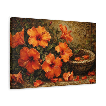Side Mockup 4. Floral Hibiscus Flowers Orange Floral Art shown as stretched canvas wall art